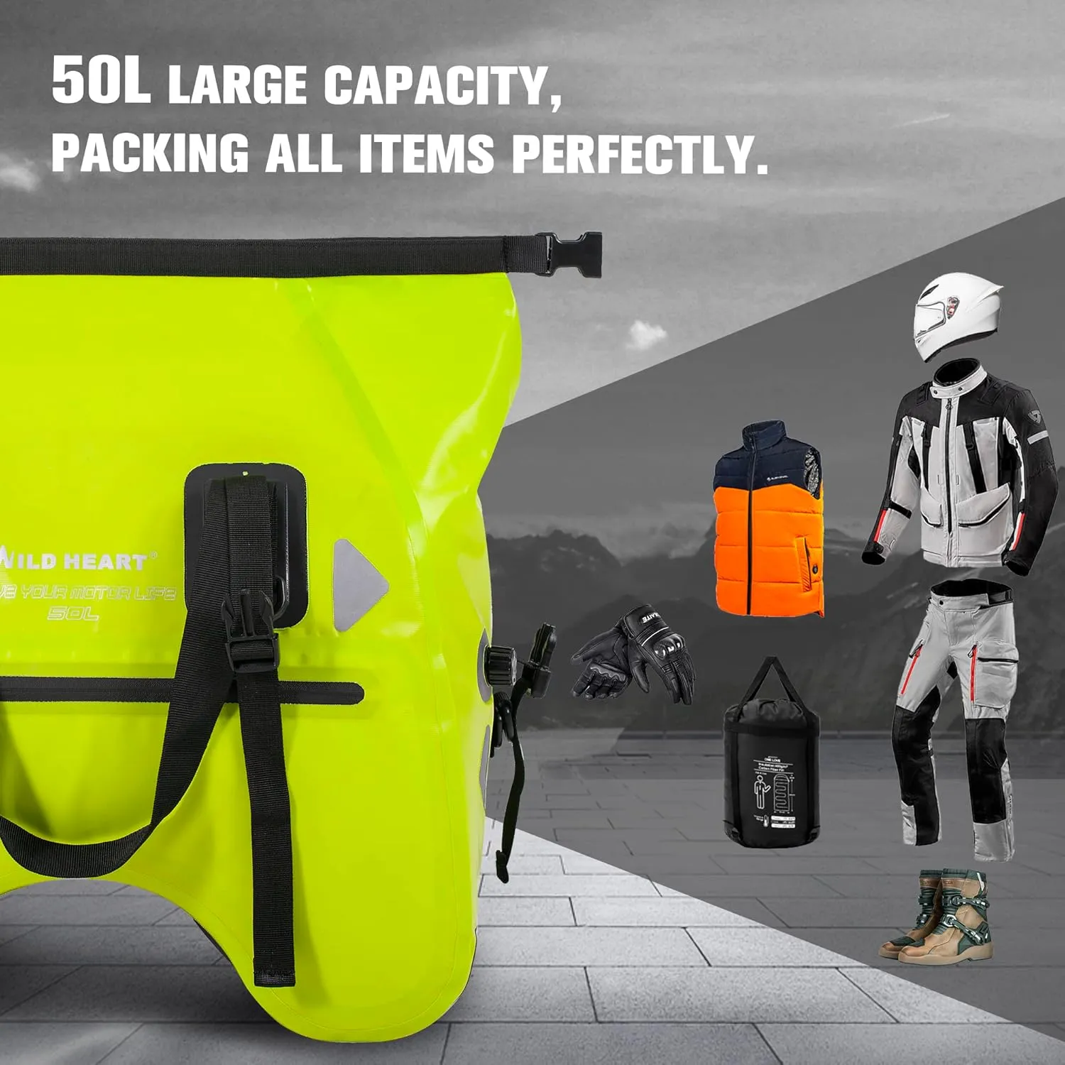 WILD HEART Dry Motorcycle Tail bag 70L/50L With Rope Straps and Inner Pocket Waterproof PVC 500D for Travel,Motorcycle and so on