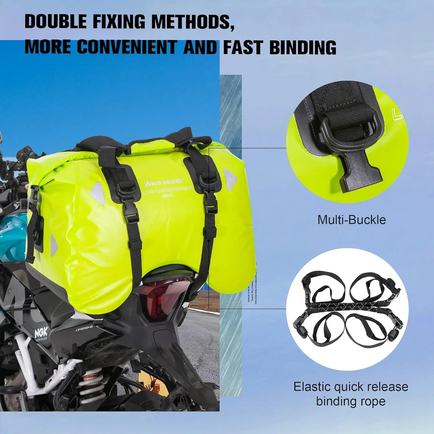 WILD HEART Dry Motorcycle Tail bag 70L/50L With Rope Straps and Inner Pocket Waterproof PVC 500D for Travel,Motorcycle and so on