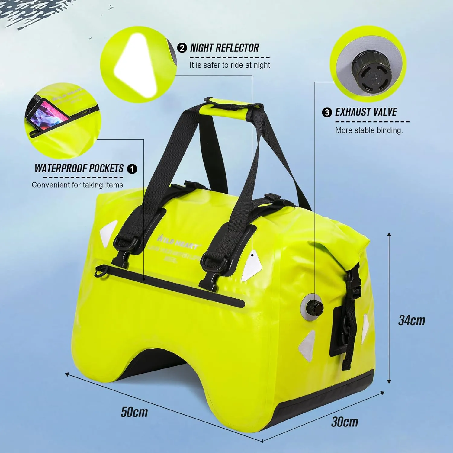 WILD HEART Dry Motorcycle Tail bag 70L/50L With Rope Straps and Inner Pocket Waterproof PVC 500D for Travel,Motorcycle and so on