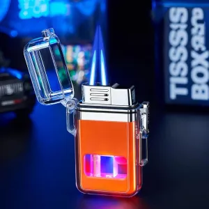 Windproof Butane Jet Torch Lighter, Waterproof Clear Visible Transom Lighter with Color Flashing Light, Mini Portable Sling Lighter for Candles, Cigar Kitchen, Outdoor, Camping, Hiking, Gift(Orange)