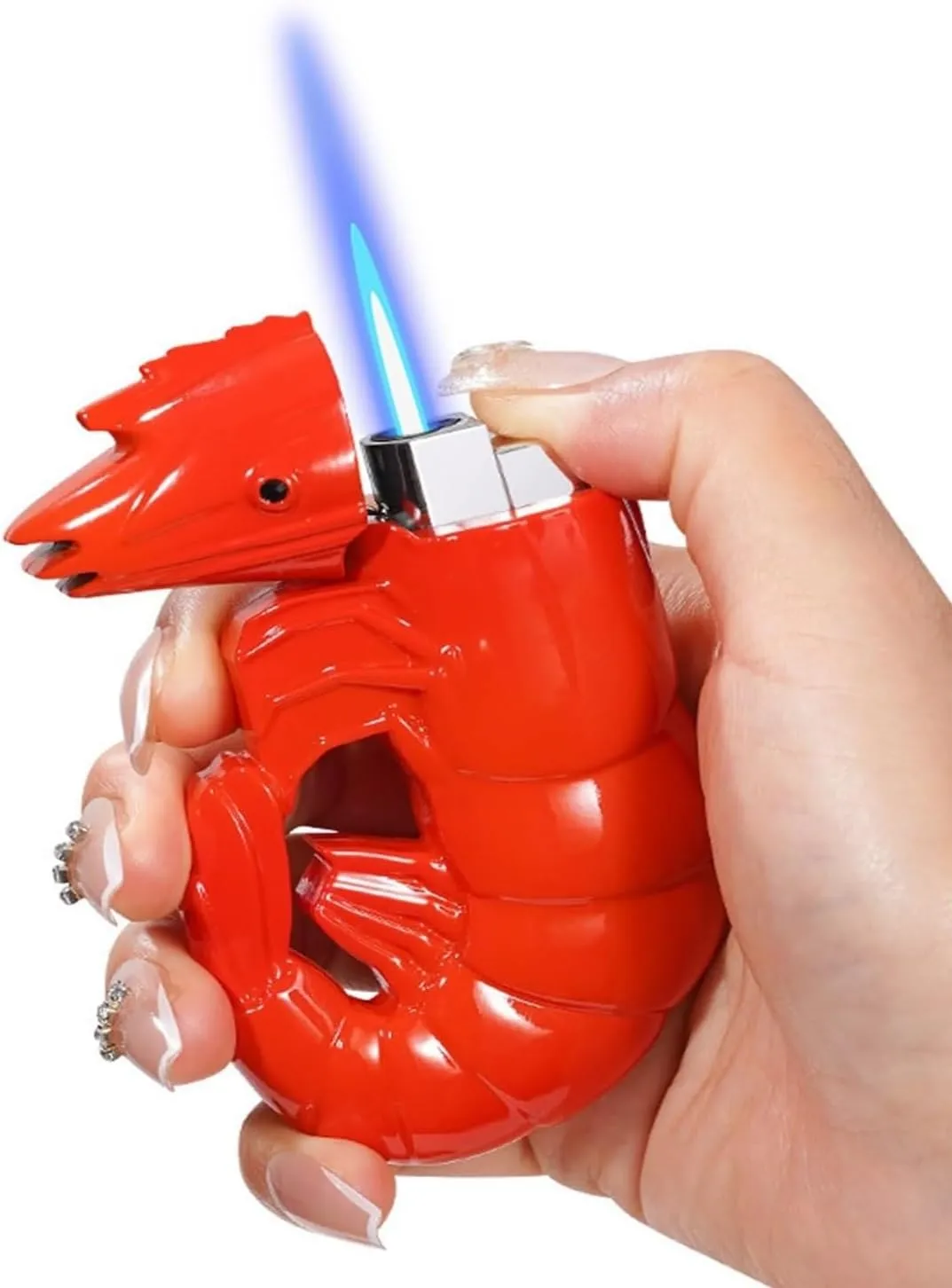 Windproof Butane Torch Lighter, Unique Creative Prawn Design Ornament Lighter, Adjustable Flame, Refillable Butane Gas, Suitable for Candles, Cigars, Outdoor Gifts(B)