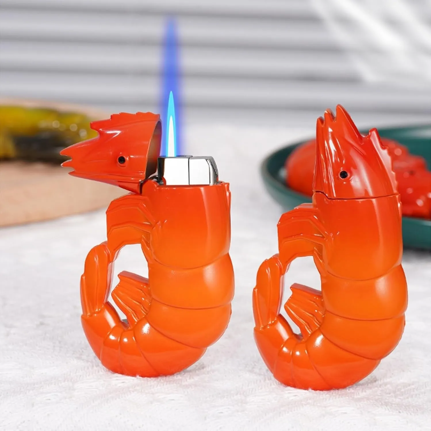 Windproof Butane Torch Lighter, Unique Creative Prawn Design Ornament Lighter, Adjustable Flame, Refillable Butane Gas, Suitable for Candles, Cigars, Outdoor Gifts(B)