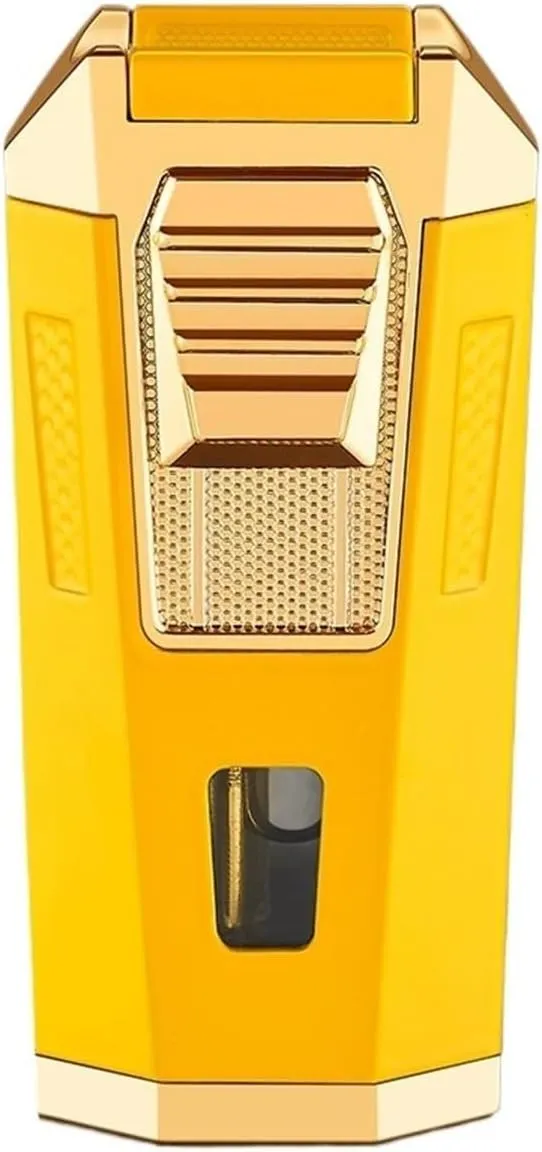 Windproof Dual Flame Butane Lighter, Vintage Metal with Adjustable Flame and Refillable Clear Fuel Window Lighter for Candle Lighting Camping (Butane Not Included) (Gold)(Yellow)