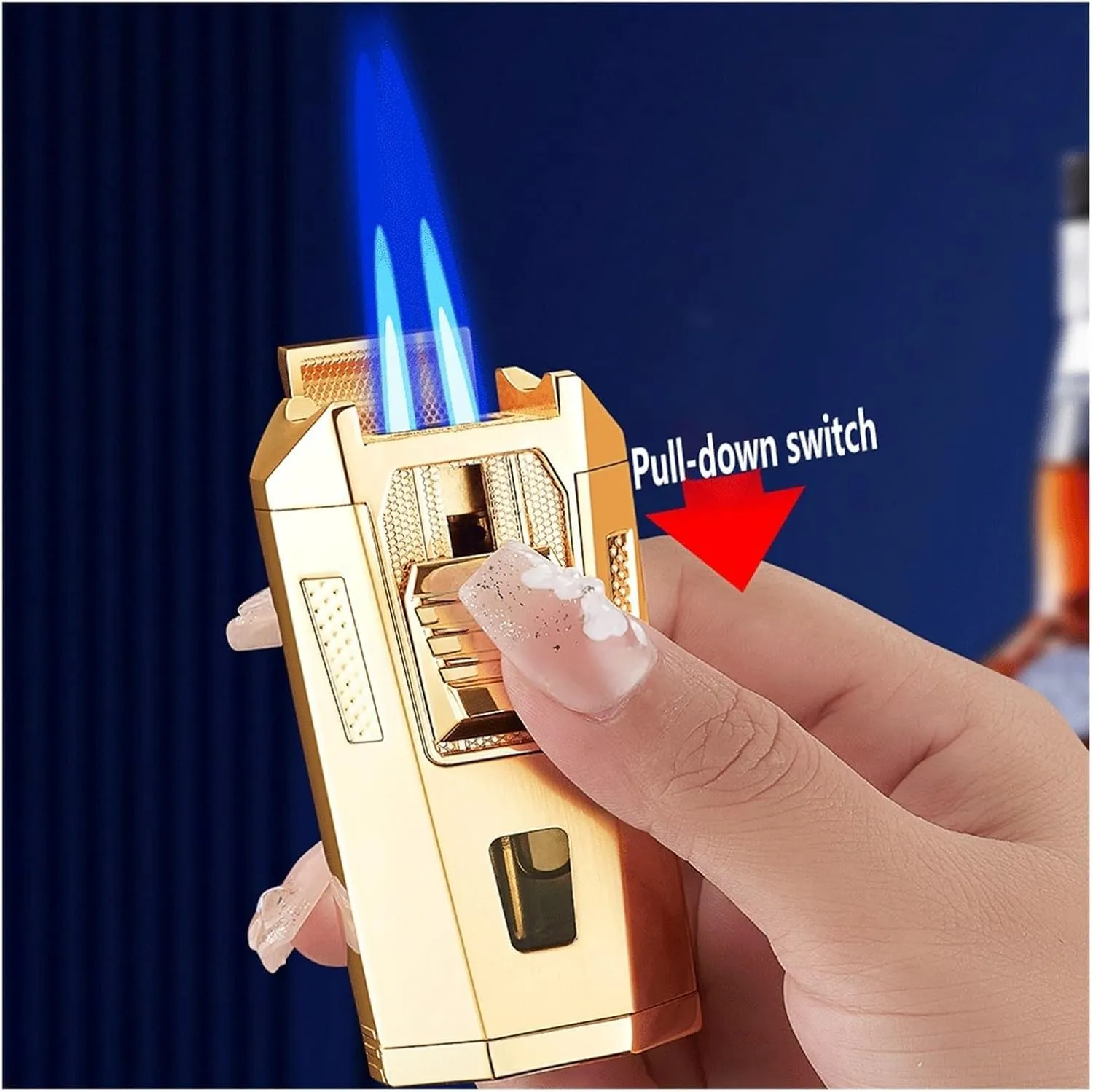 Windproof Dual Flame Butane Lighter, Vintage Metal with Adjustable Flame and Refillable Clear Fuel Window Lighter for Candle Lighting Camping (Butane Not Included) (Gold)(Yellow)