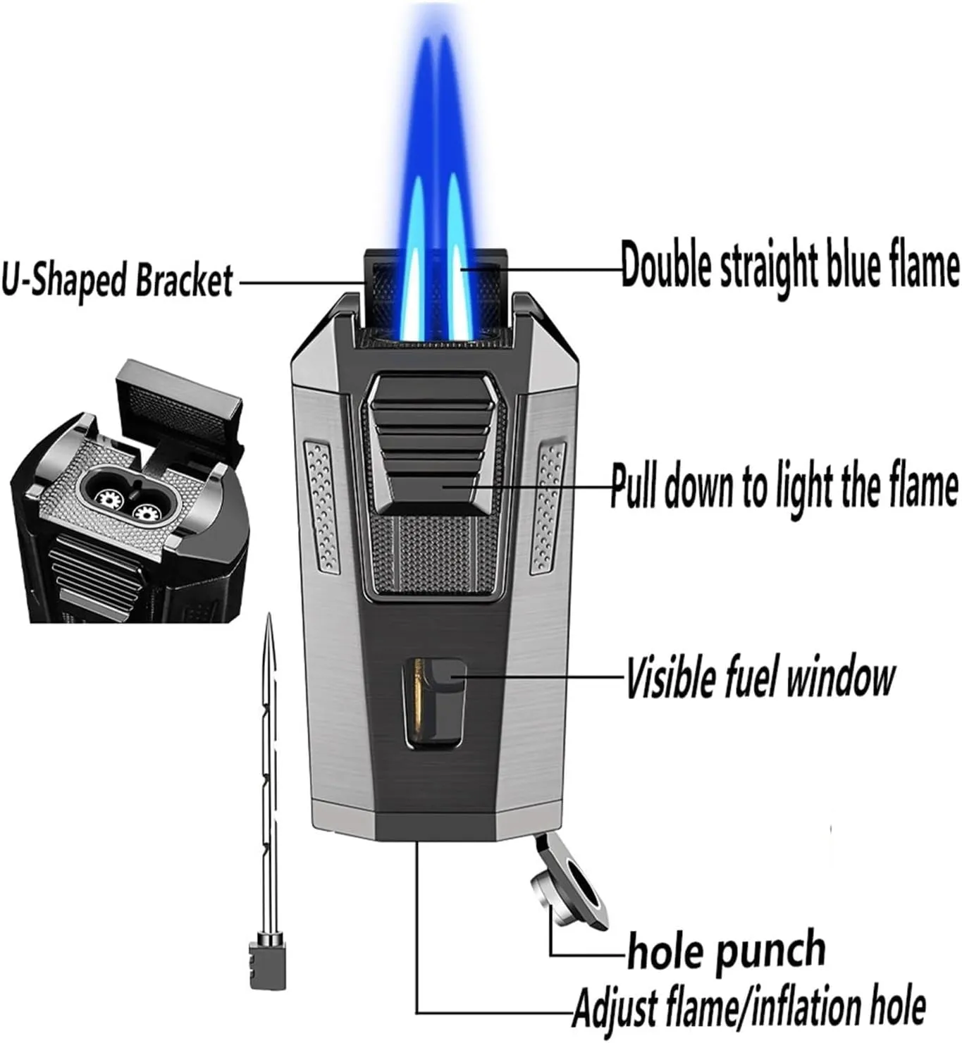 Windproof Dual Flame Butane Lighter, Vintage Metal with Adjustable Flame and Refillable Clear Fuel Window Lighter for Candle Lighting Camping (Butane Not Included) (Gold)(Yellow)
