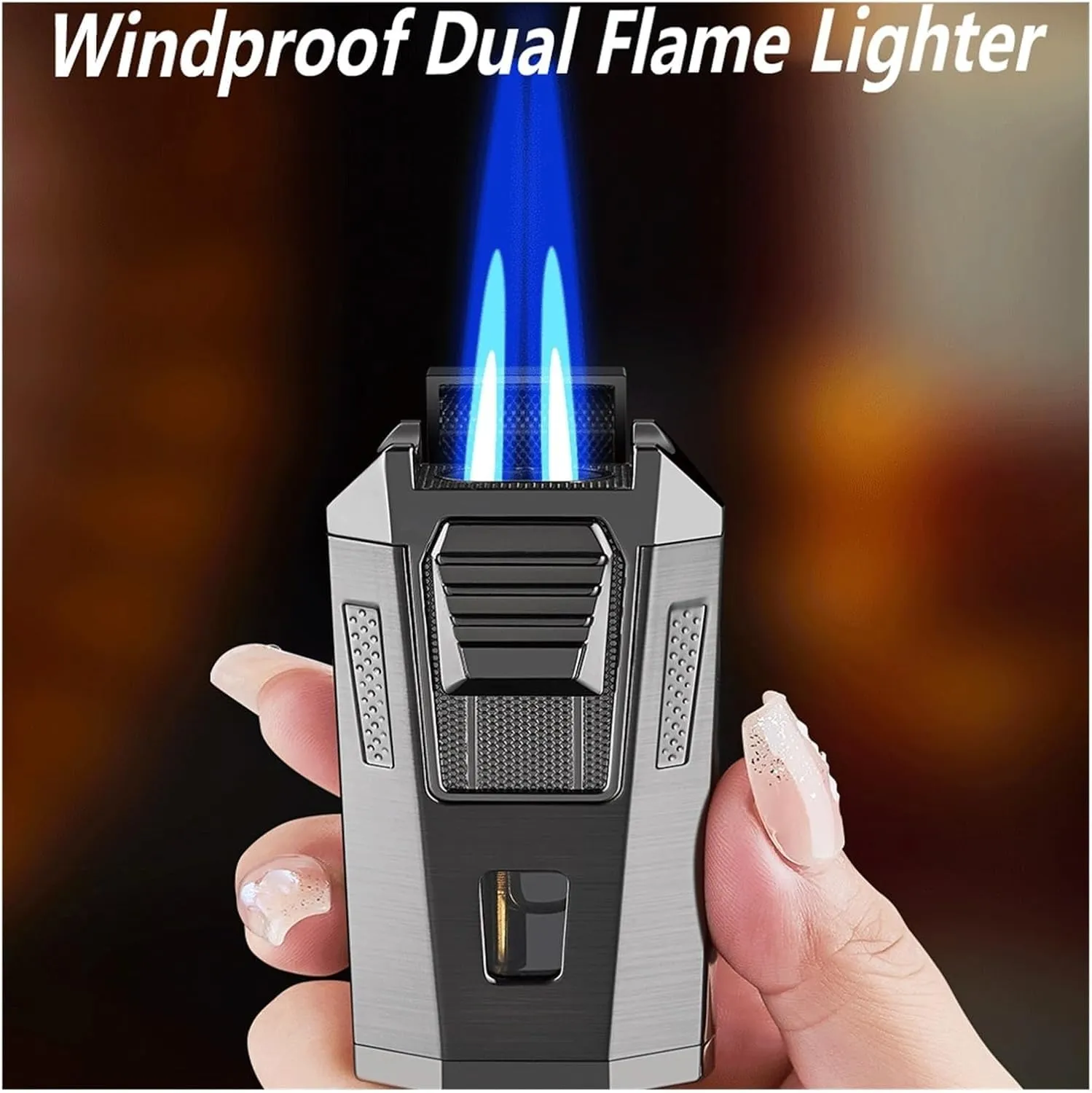 Windproof Dual Flame Butane Lighter, Vintage Metal with Adjustable Flame and Refillable Clear Fuel Window Lighter for Candle Lighting Camping (Butane Not Included) (Gold)(Yellow)