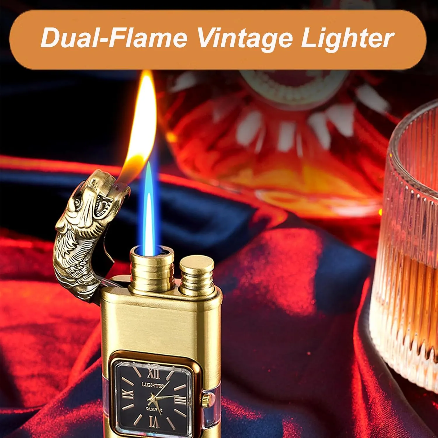 Windproof Dual-Flame Vintage Watch Lighter, Windproof Vintage Lighter, Eagle Torch Lighters, Unique Animal Style, Refillable Butane, Adjustable Flame (Black,Horse)