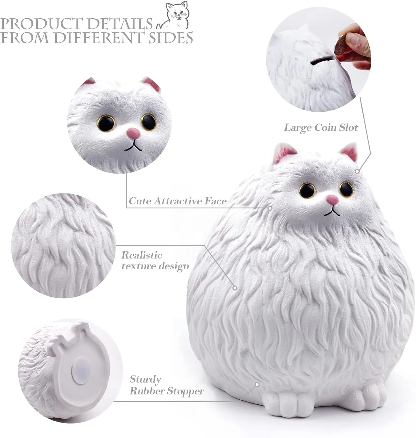 Winsterch Cat Piggy Bank,Coin Piggy Bank Money Saving Box Gifts for Kids Girls Boys,Ceramic Piggy Coin Bank,Practical Gifts for Birthday Christmas,White Piggy Bank,7.49 x 5.9 inches