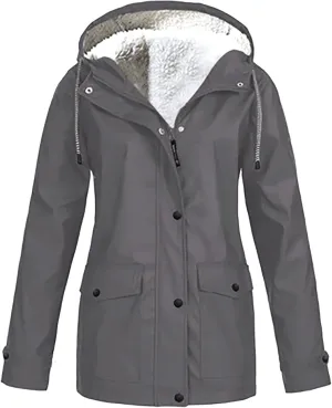 Winter Rain Coats for Women Waterproof Plus Size Hooded Rain Jackets Thicken Fleece Warm Raincoats with Pockets