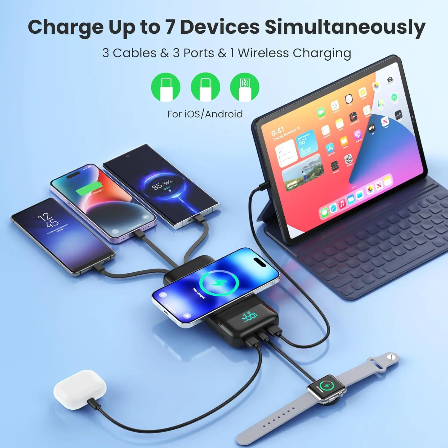 Wireless Portable Charger 40800mAh with 3 Built-in Cables,7-in-1 15W Wireless Charging Power Bank,25W PD QC 4.0 Fast Charging USB C LCD Display Battery Pack for iPhone 16/15/13/12,Samsung,Android etc