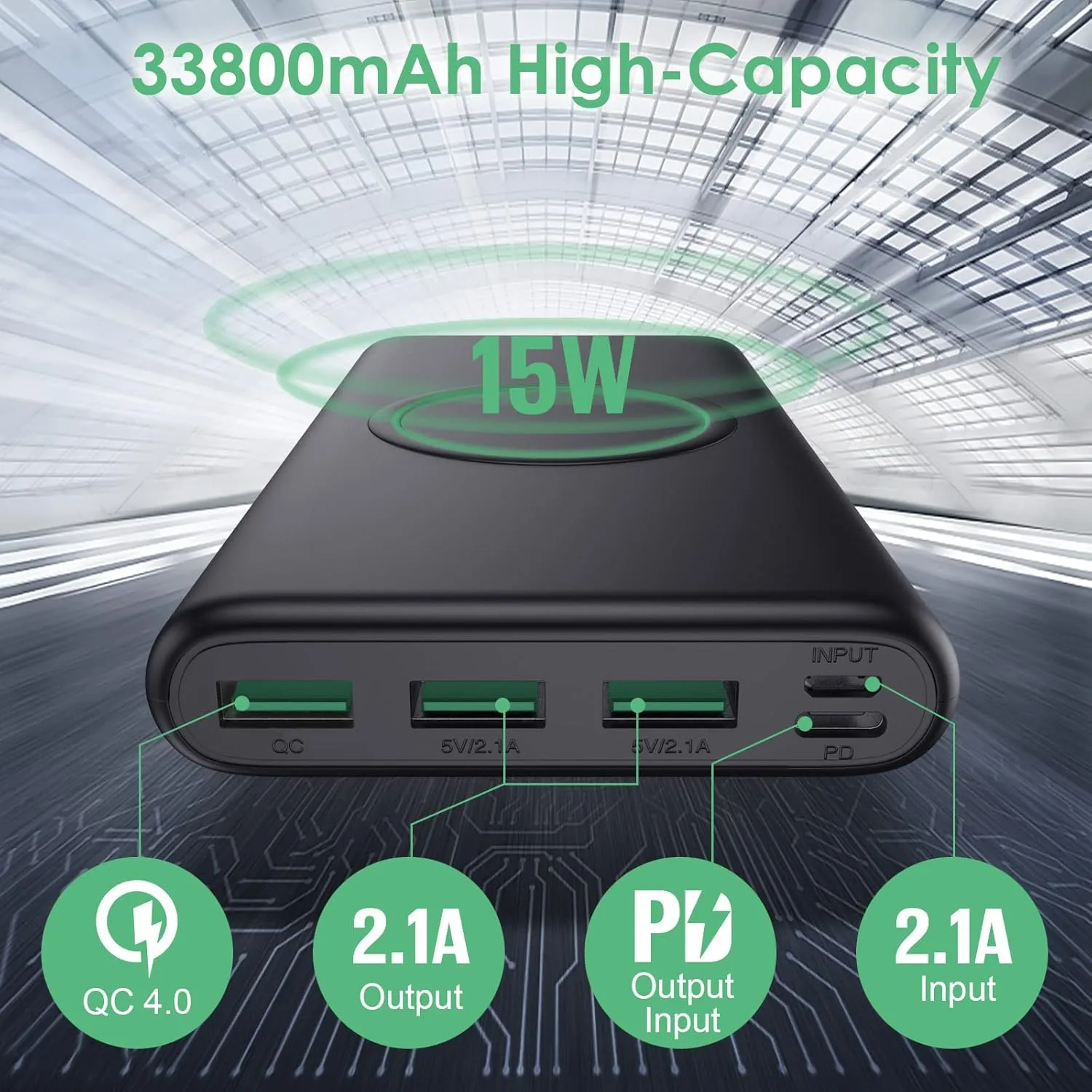 Wireless Portable Charger Power Bank, 33800mAh 15W Fast Wireless Charging 25W PD QC 4.0 USB-C Power Bank, 5 Output & Dual Input External Battery Pack Compatible with iPhone 16/15/14/13/12,Android etc