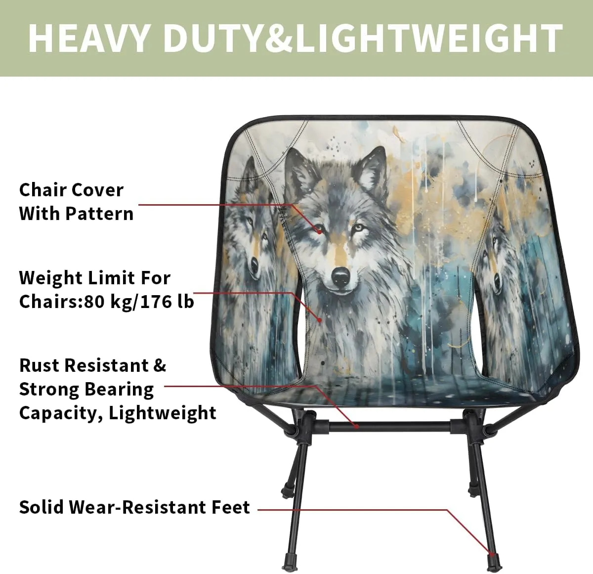 Wolf Wildlife Portable Camping Chair Lightweight Folding Backpacking Chair, Compact Foldable Beach Seat with Carry Bag for Outdoor Hiking Fishing Travel