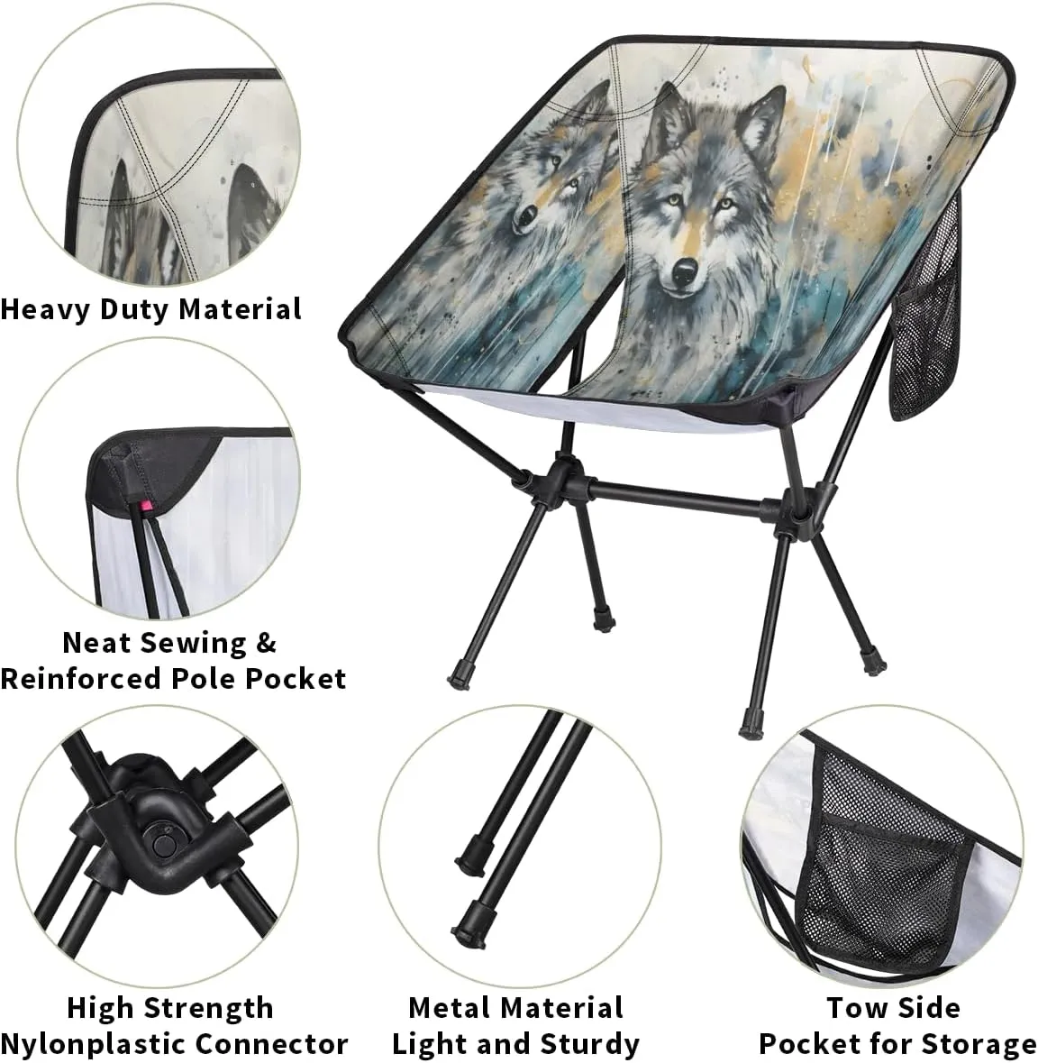 Wolf Wildlife Portable Camping Chair Lightweight Folding Backpacking Chair, Compact Foldable Beach Seat with Carry Bag for Outdoor Hiking Fishing Travel