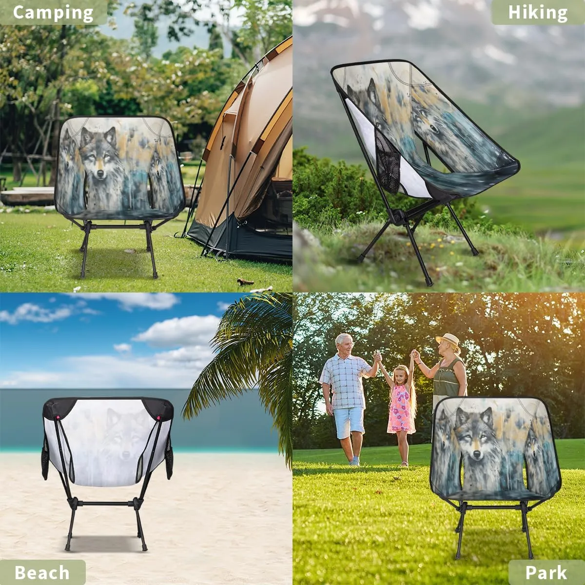 Wolf Wildlife Portable Camping Chair Lightweight Folding Backpacking Chair, Compact Foldable Beach Seat with Carry Bag for Outdoor Hiking Fishing Travel