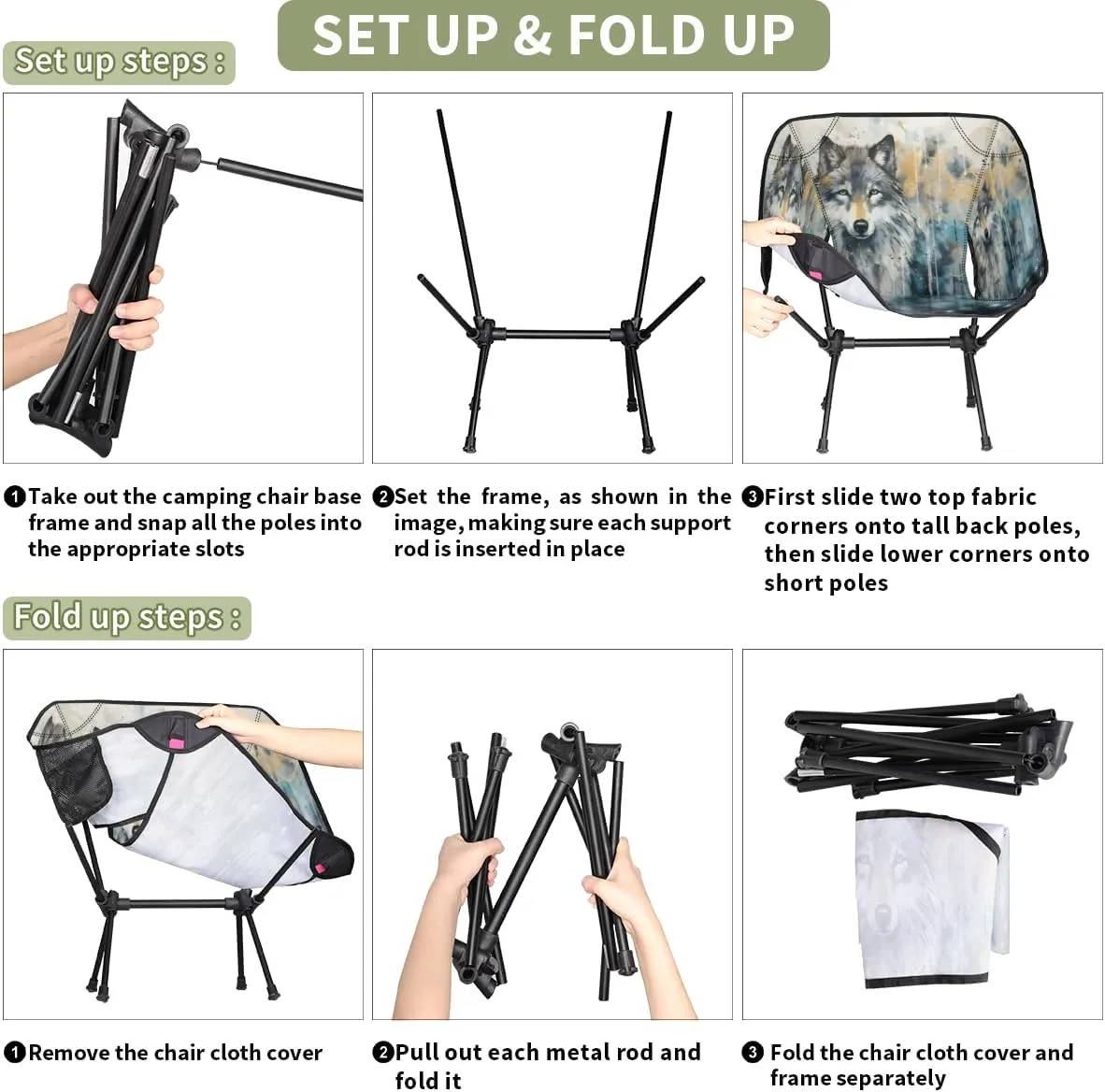 Wolf Wildlife Portable Camping Chair Lightweight Folding Backpacking Chair, Compact Foldable Beach Seat with Carry Bag for Outdoor Hiking Fishing Travel