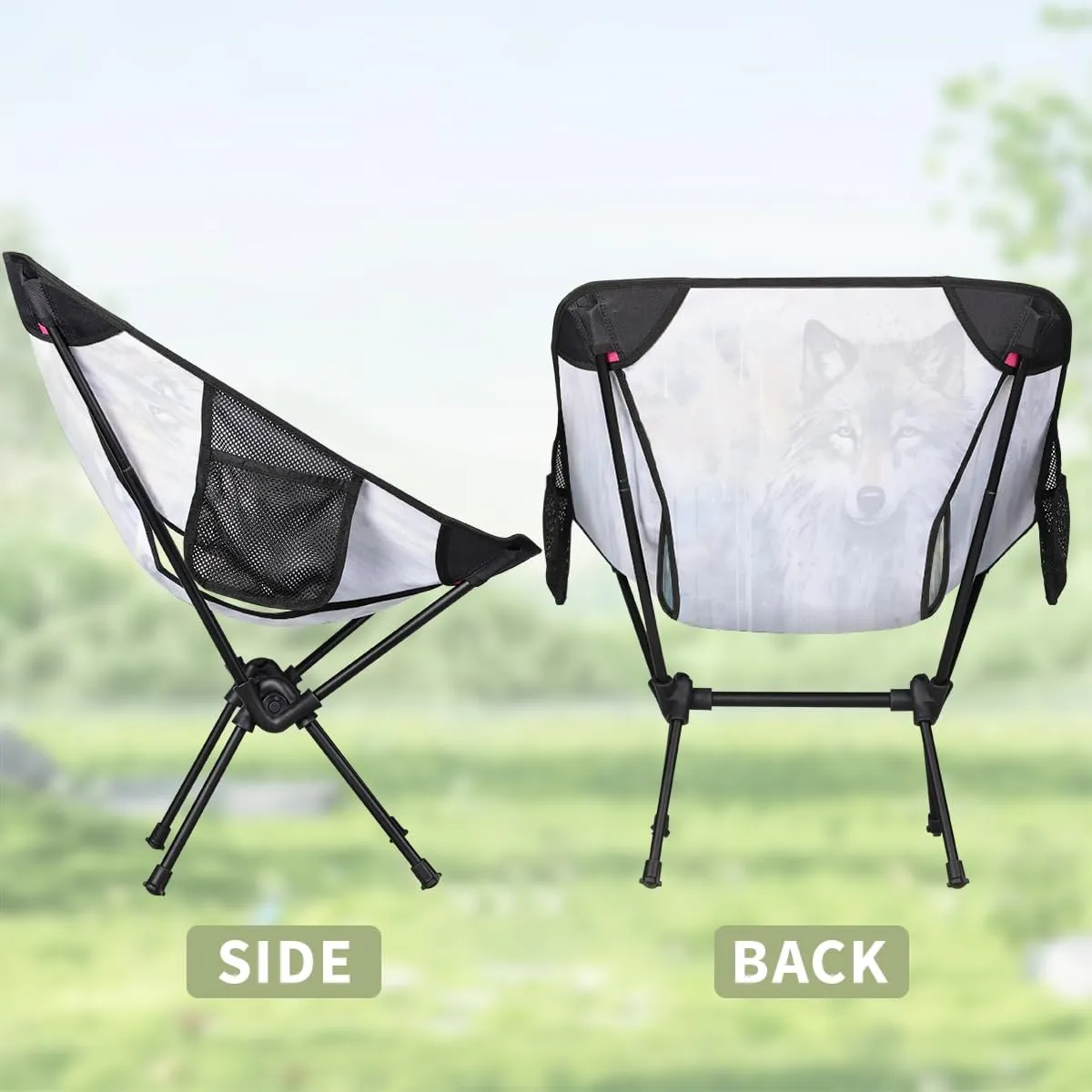 Wolf Wildlife Portable Camping Chair Lightweight Folding Backpacking Chair, Compact Foldable Beach Seat with Carry Bag for Outdoor Hiking Fishing Travel