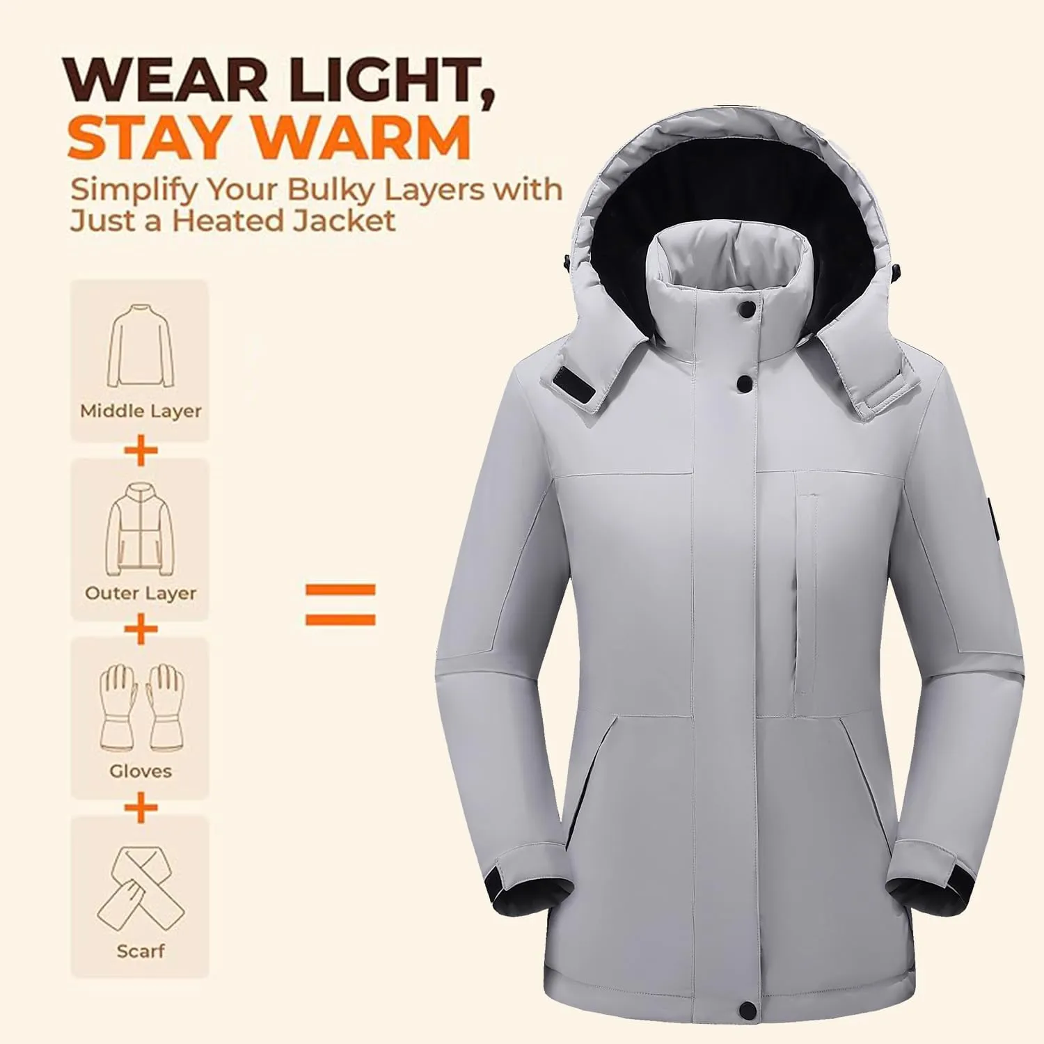 Women Heated Jackets Detachable Hood, Lightweight Waterproof Zip Winter Fleece Coat-11 Heating Zones/No Battery