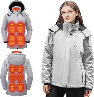 Women Heated Jackets Detachable Hood, Lightweight Waterproof Zip Winter Fleece Coat-11 Heating Zones/No Battery
