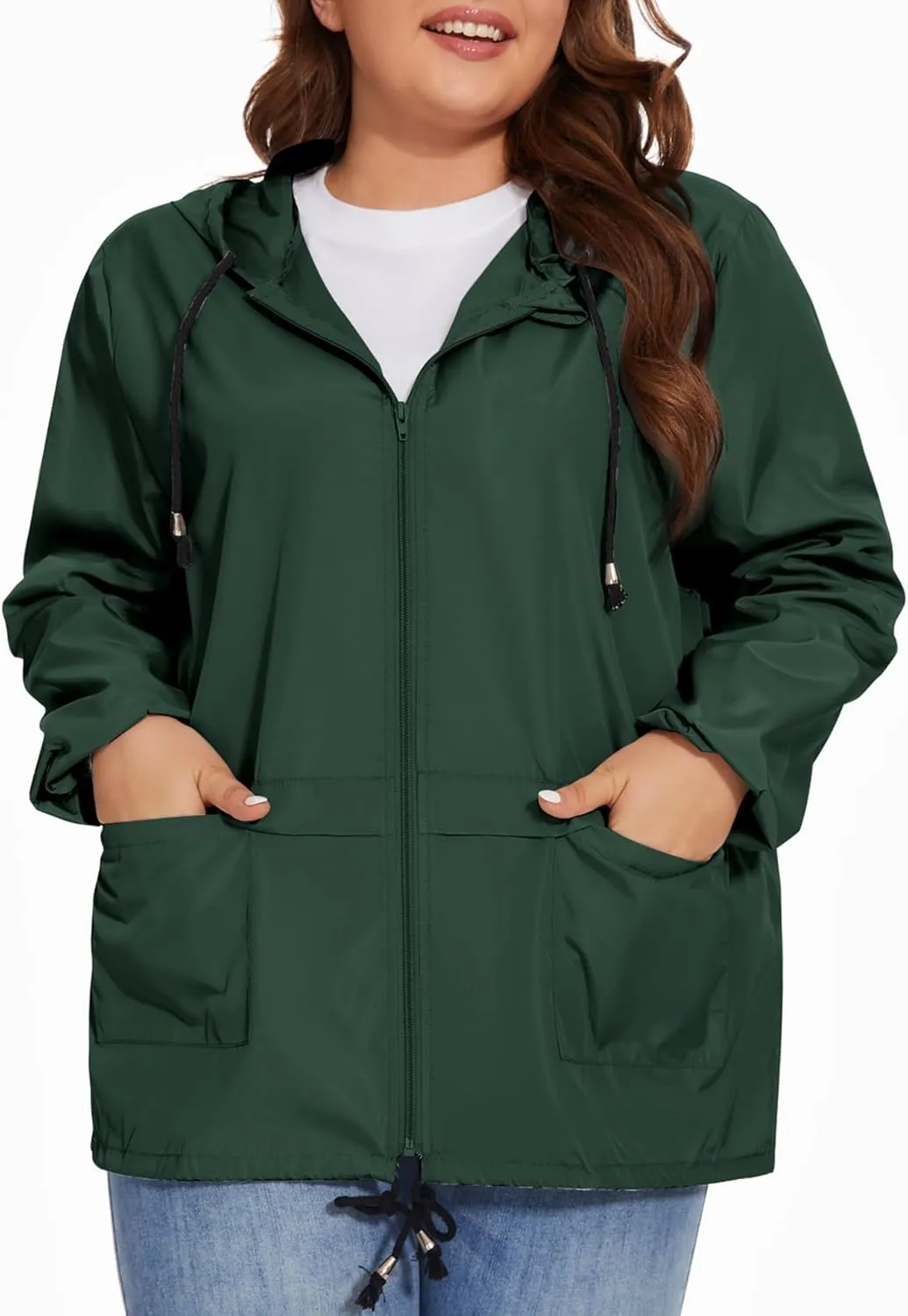Women Plus Size Raincoat Lightweight Waterproof Windbreaker Packable Outdoor Hooded Rain Jacket