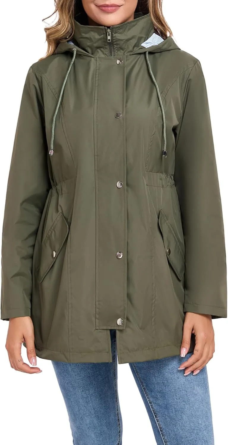 Women Rain Jacket Waterproof Long Hooded Windbreaker Lined Lightweight Outdoor Hiking Raincoat Trench Coats S-XXL