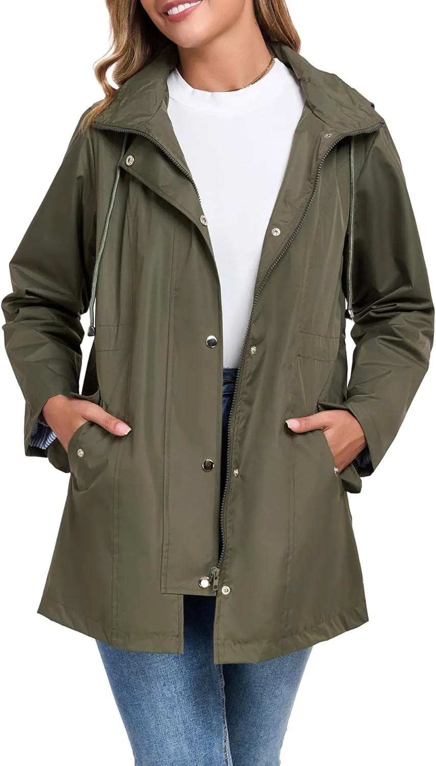 Women Rain Jacket Waterproof Long Hooded Windbreaker Lined Lightweight Outdoor Hiking Raincoat Trench Coats S-XXL