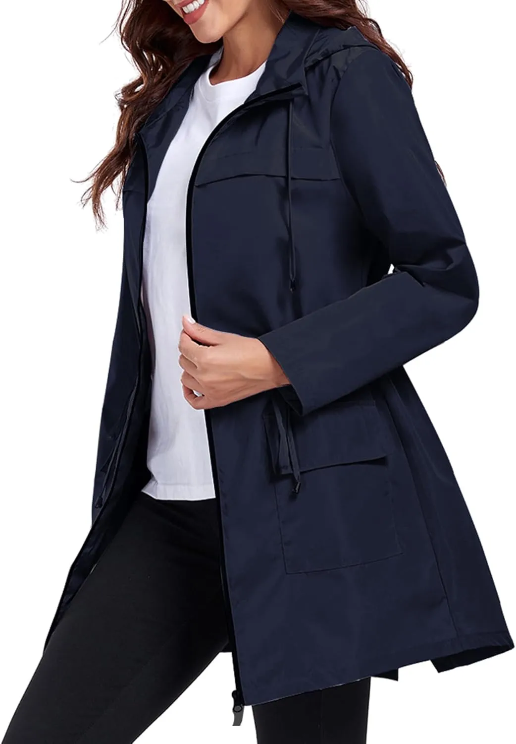 Women Waterproof Raincoat Lightweight Packable Active Outdoor Long Hooded Rain Jacket