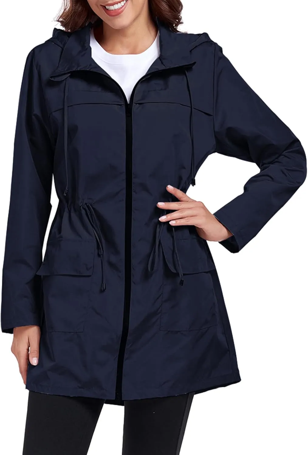 Women Waterproof Raincoat Lightweight Packable Active Outdoor Long Hooded Rain Jacket