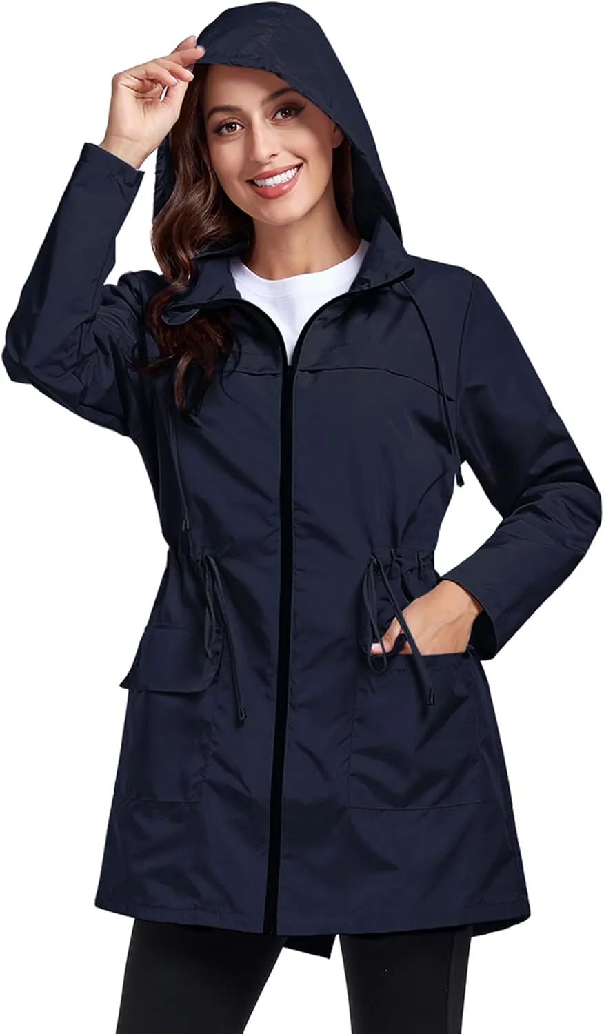 Women Waterproof Raincoat Lightweight Packable Active Outdoor Long Hooded Rain Jacket