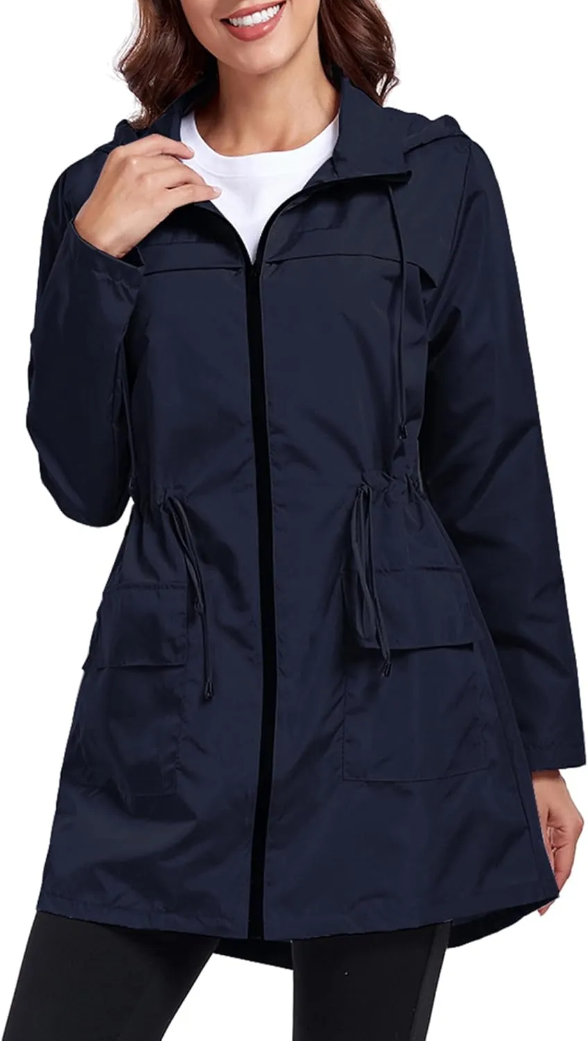 Women Waterproof Raincoat Lightweight Packable Active Outdoor Long Hooded Rain Jacket