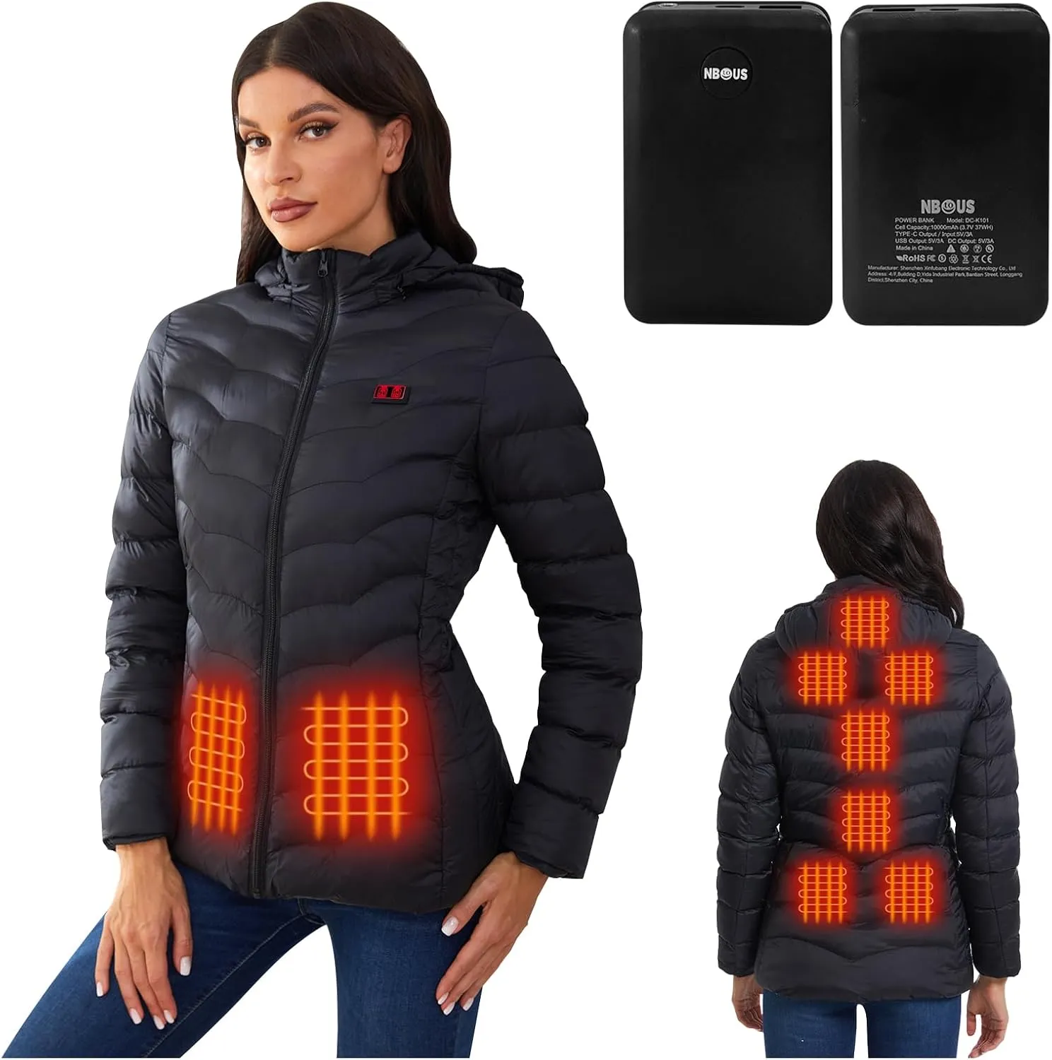 Womens Heated Jacket with 2PCS 10000mAh Power Bank,3 Heating Level