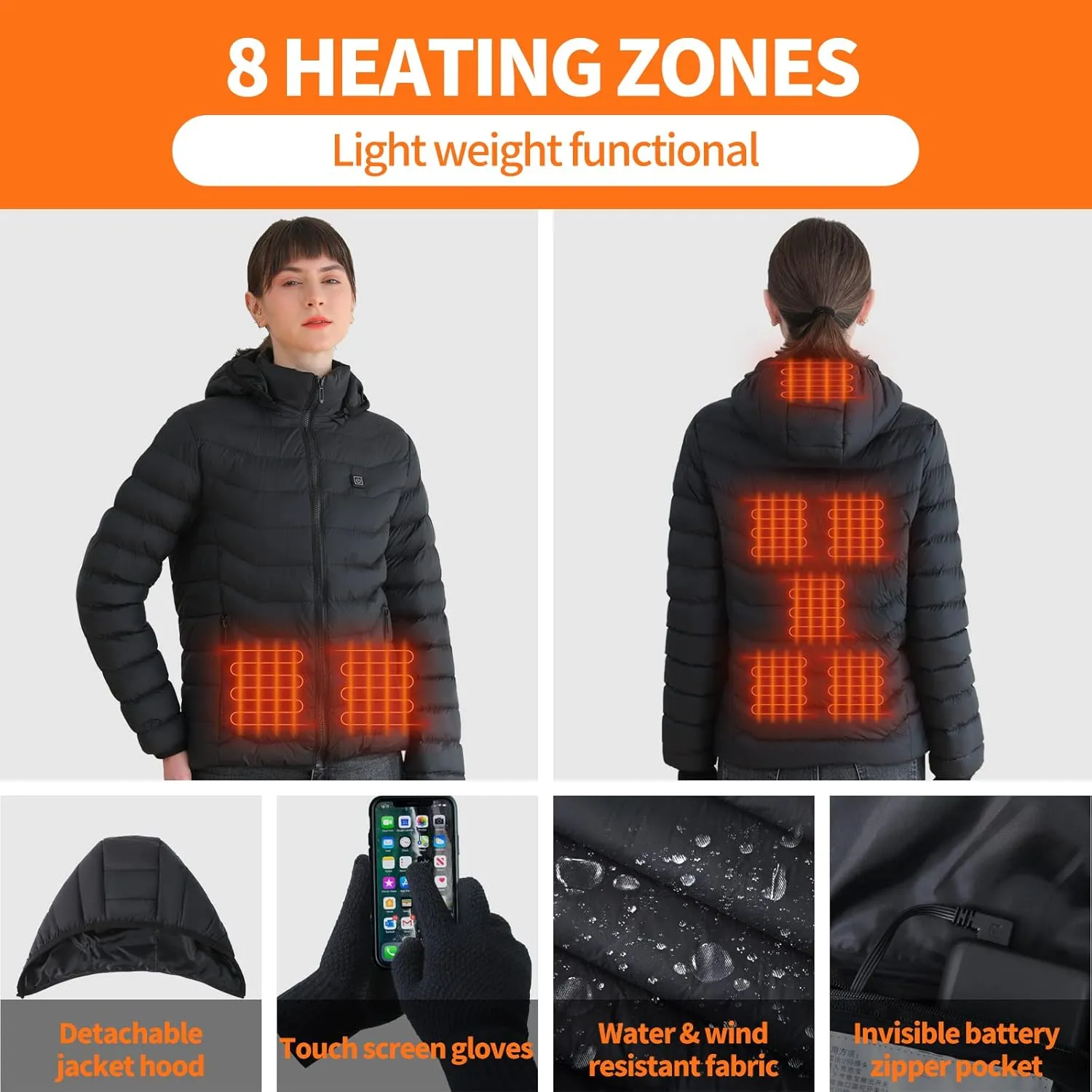 Womens Heated Jacket with 2PCS 10000mAh Power Bank,3 Heating Level
