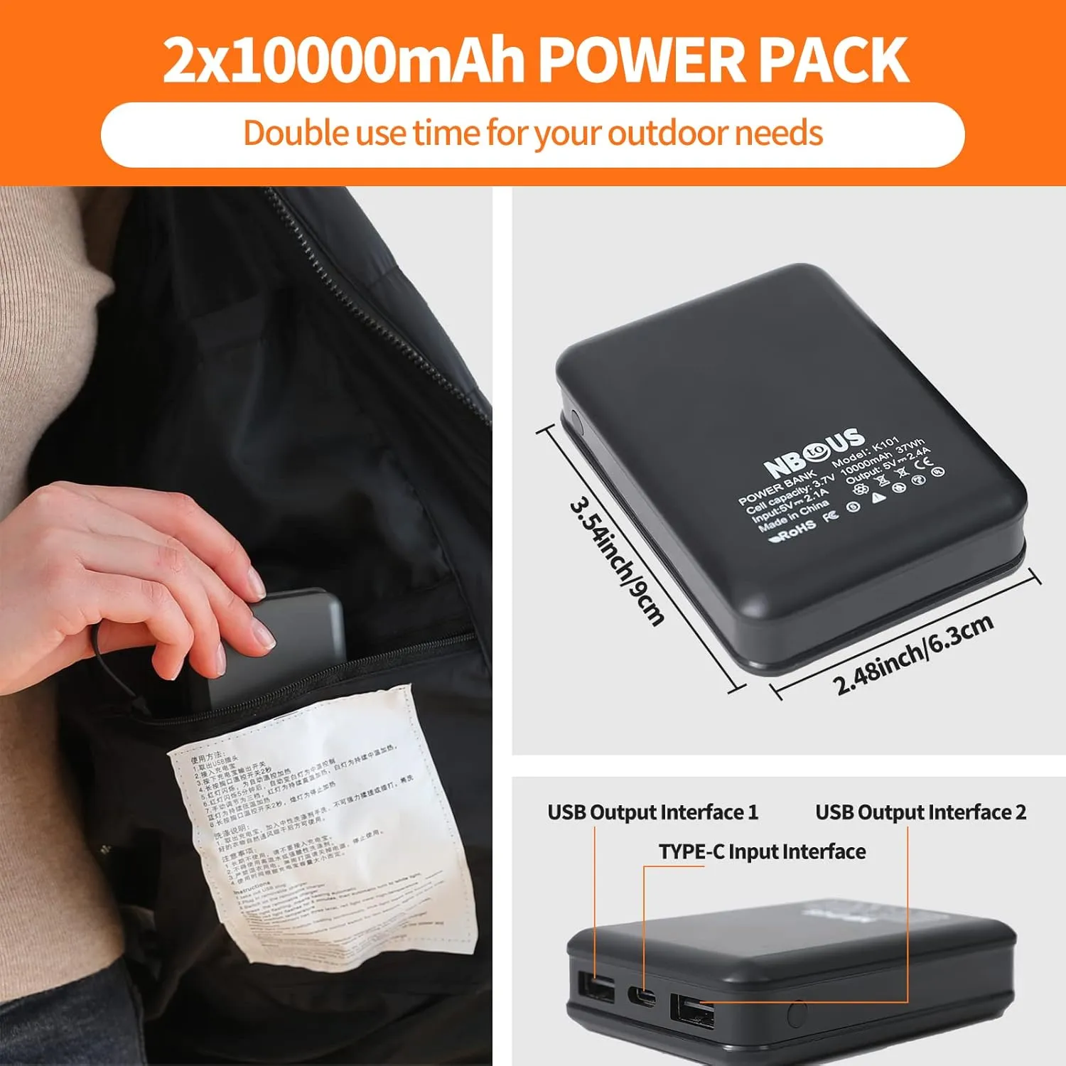 Womens Heated Jacket with 2PCS 10000mAh Power Bank,3 Heating Level