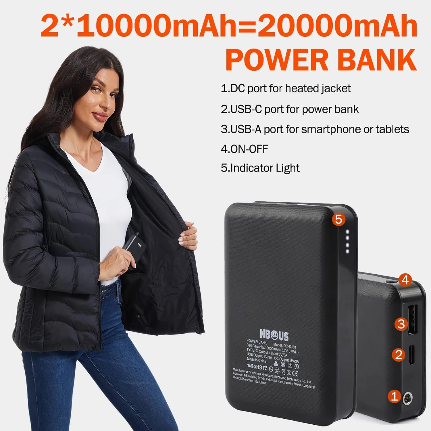 Womens Heated Jacket with 2PCS 10000mAh Power Bank,3 Heating Level