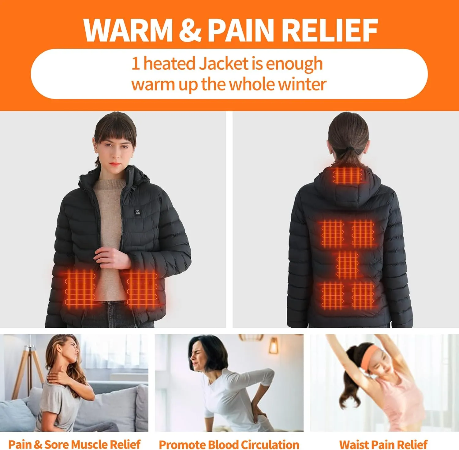 Womens Heated Jacket with 2PCS 10000mAh Power Bank,3 Heating Level
