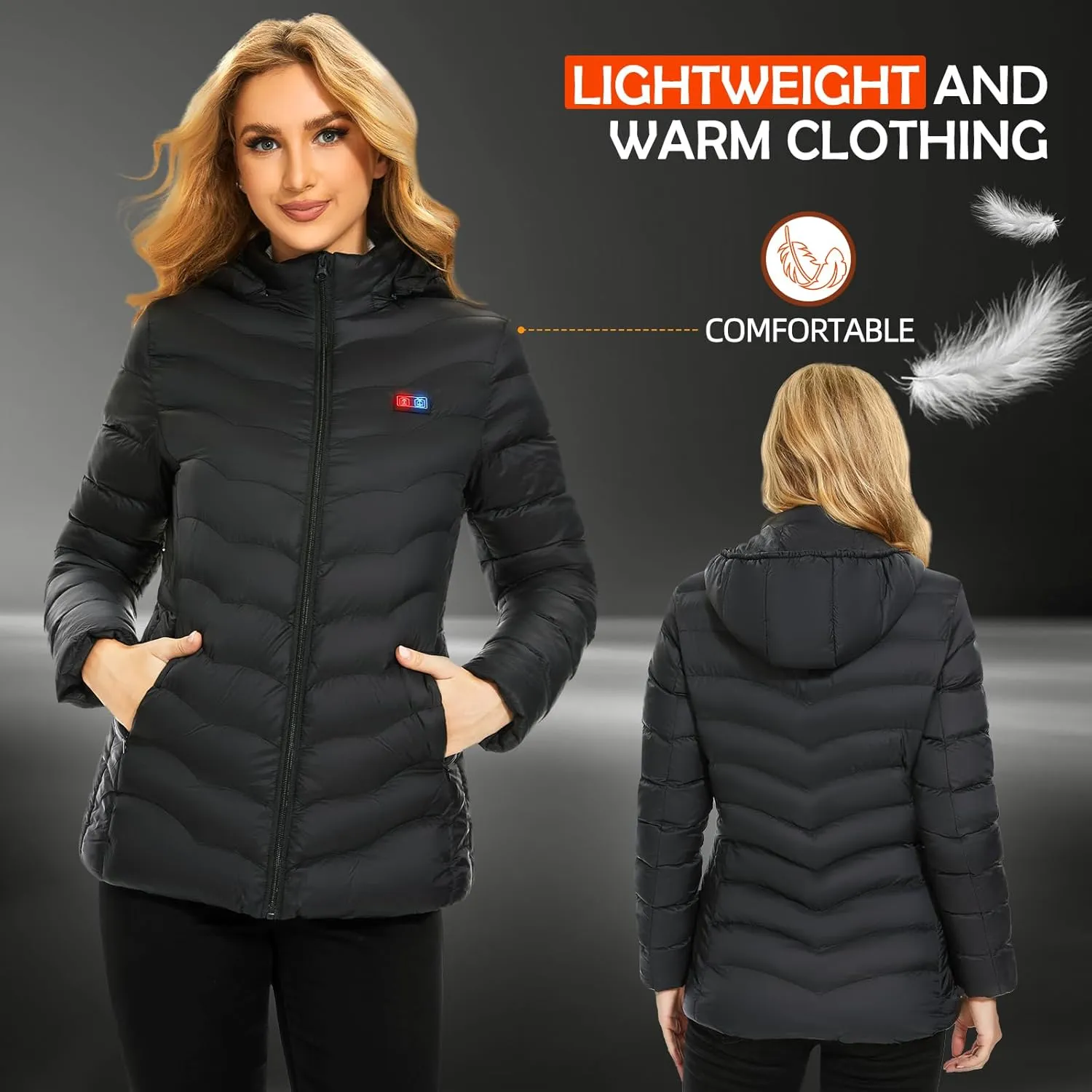 Women’s Heated Jacket with 2pcs Battery Pack, Slim Fit Heating Jackets and Detachable Hood