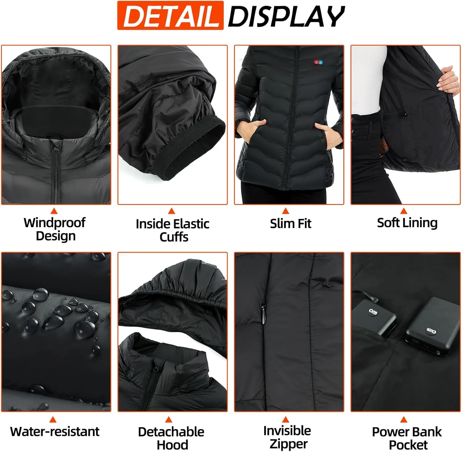 Women’s Heated Jacket with 2pcs Battery Pack, Slim Fit Heating Jackets and Detachable Hood