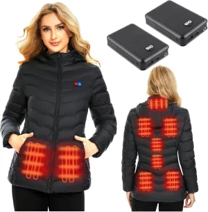 Women’s Heated Jacket with 2pcs Battery Pack, Slim Fit Heating Jackets and Detachable Hood