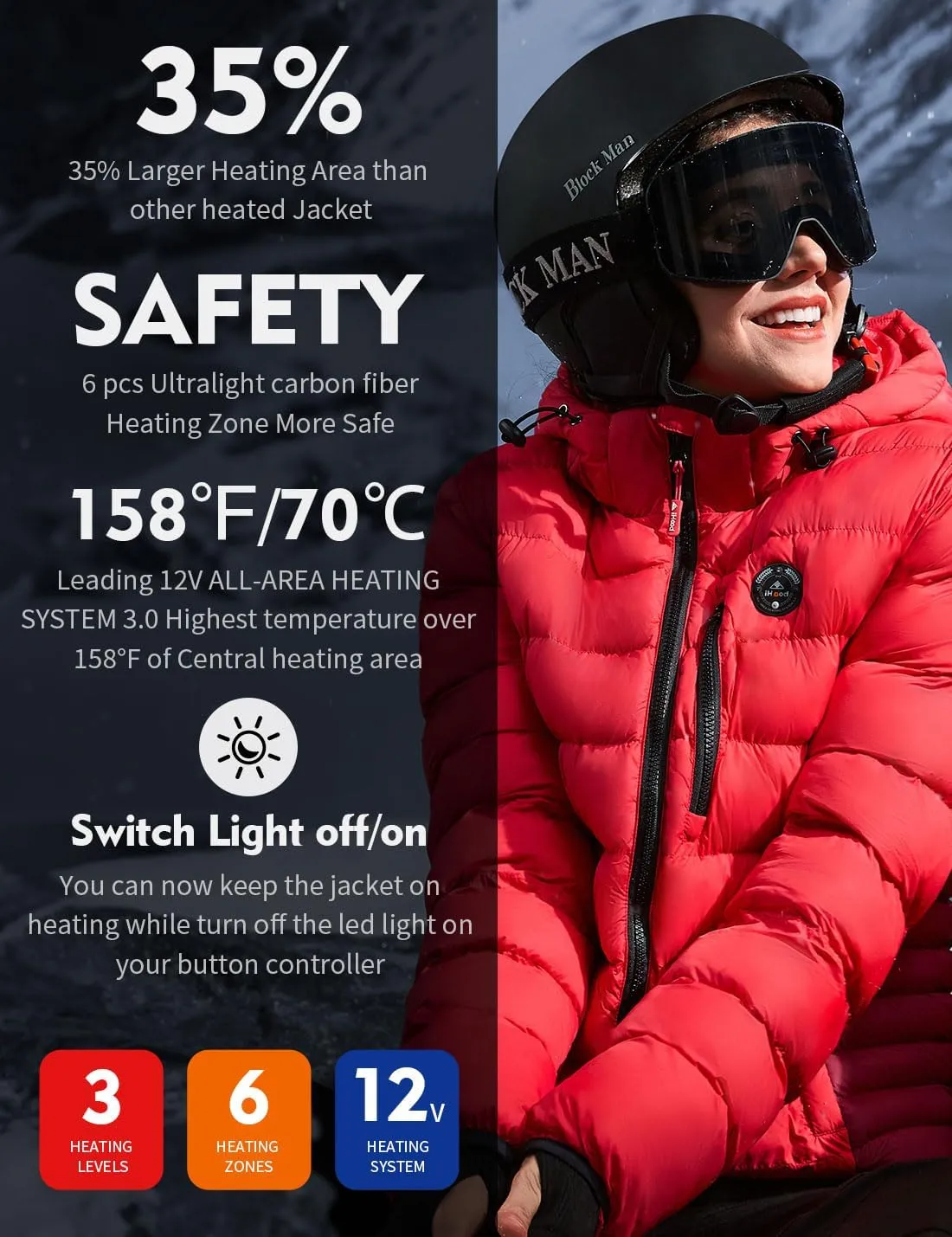 Women's Heated Puffer Jacket With 12V Battery Pack-Insulated Water-Resistant Hooded Hand-Heating Electric Heated Jacket