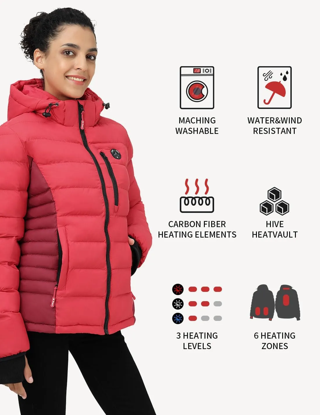 Women's Heated Puffer Jacket With 12V Battery Pack-Insulated Water-Resistant Hooded Hand-Heating Electric Heated Jacket