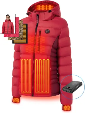 Women's Heated Puffer Jacket With 12V Battery Pack-Insulated Water-Resistant Hooded Hand-Heating Electric Heated Jacket