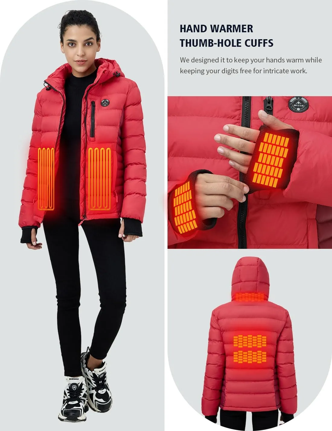 Women's Heated Puffer Jacket With 12V Battery Pack-Insulated Water-Resistant Hooded Hand-Heating Electric Heated Jacket