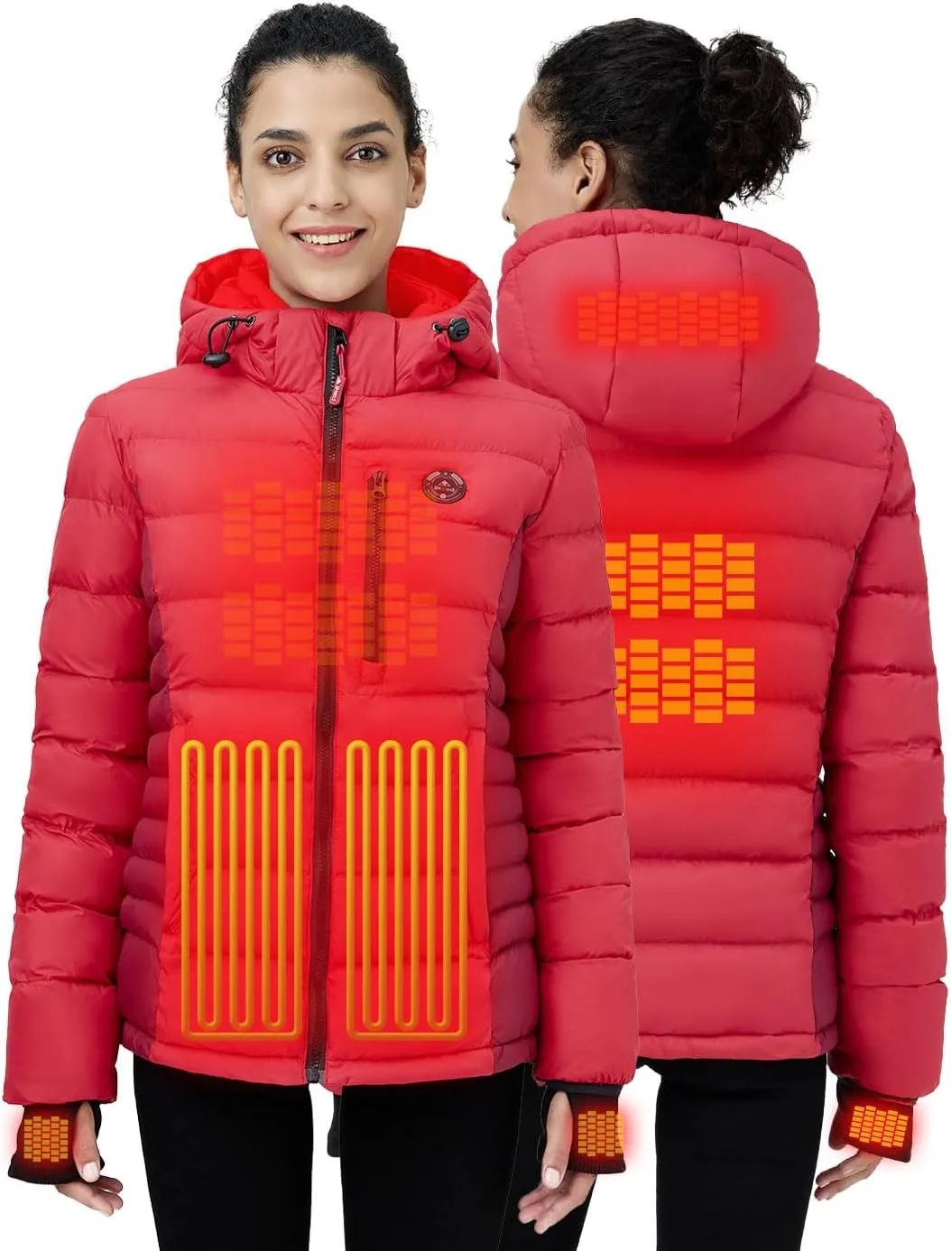 Women's Heated Puffer Jacket With 12V Battery Pack-Insulated Water-Resistant Hooded Hand-Heating Electric Heated Jacket