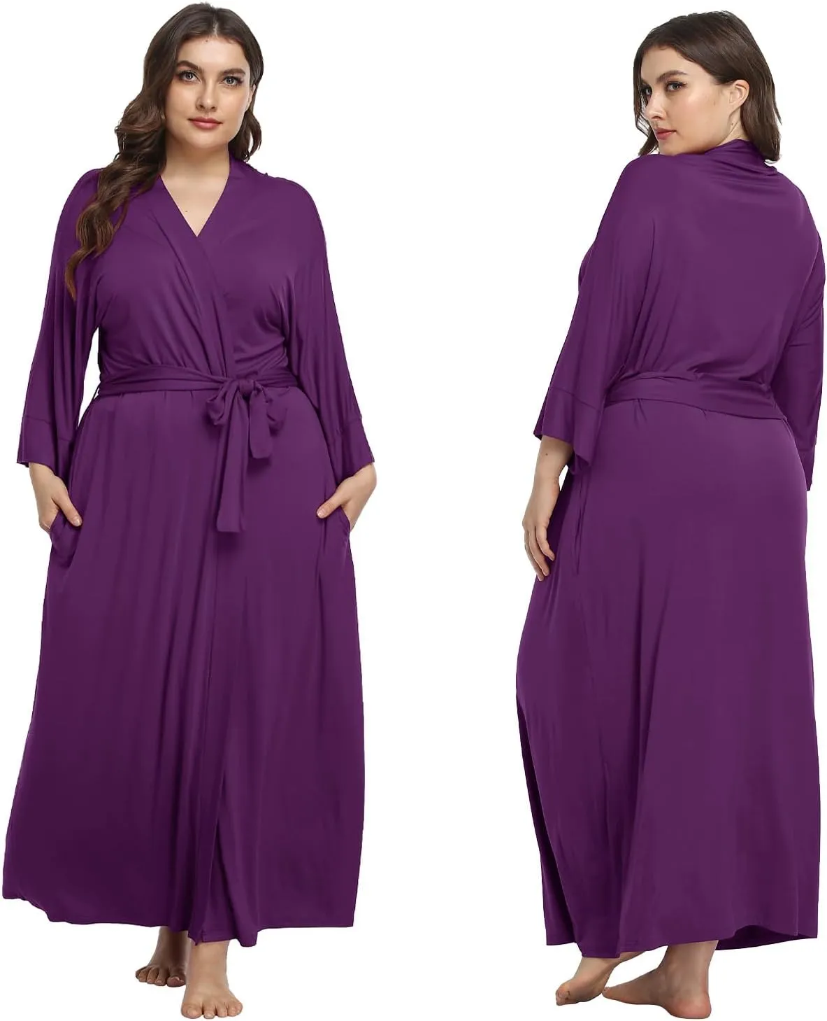 Women's Long Robes Soft Kimono Bathrobe Lightweight Sleepwear Maternity Dressing Gown Knit Wrap House Loungewear
