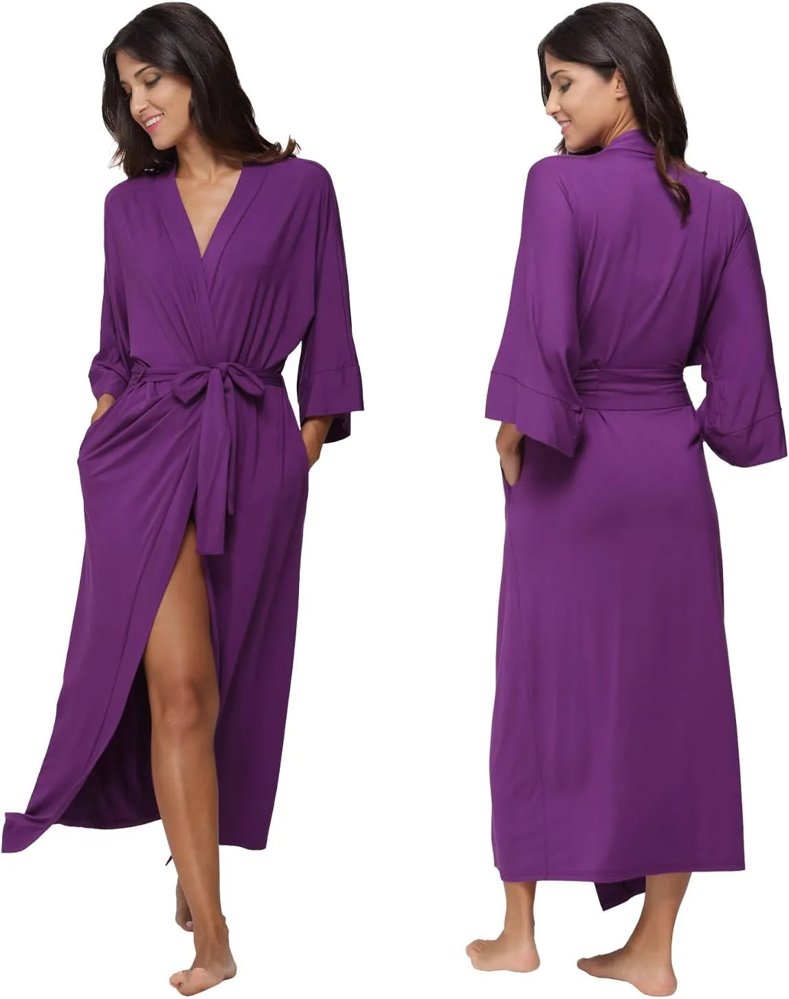 Women's Long Robes Soft Kimono Bathrobe Lightweight Sleepwear Maternity Dressing Gown Knit Wrap House Loungewear
