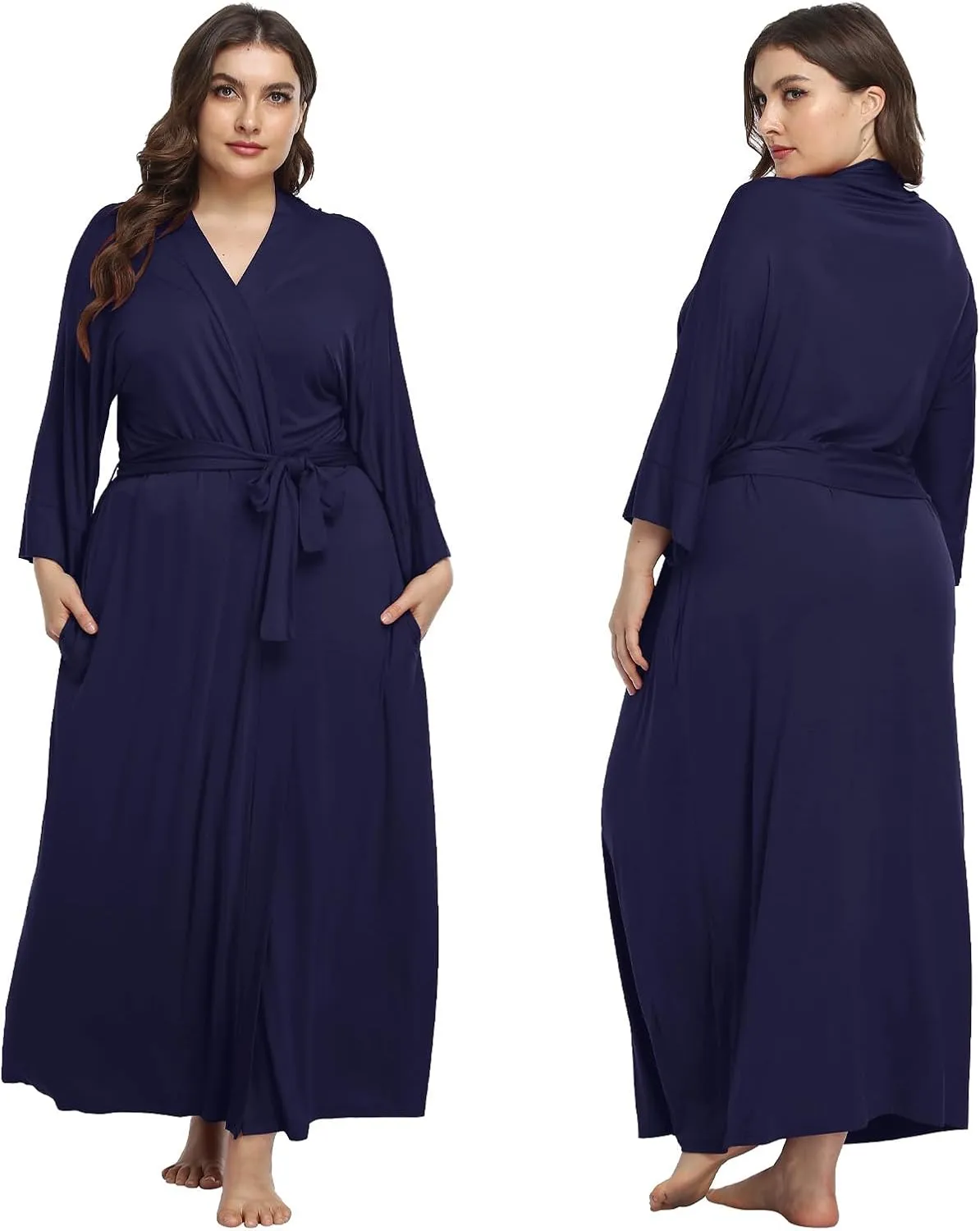 Women's Long Robes Soft Kimono Bathrobe Lightweight Sleepwear Maternity Dressing Gown Knit Wrap House Loungewear