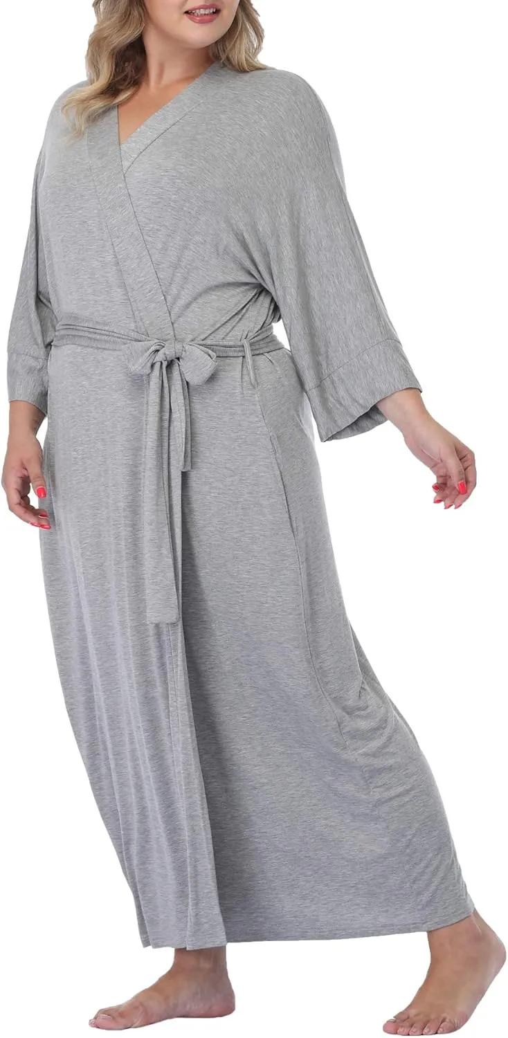 Women's Long Robes Soft Kimono Bathrobe Lightweight Sleepwear Maternity Dressing Gown Knit Wrap House Loungewear