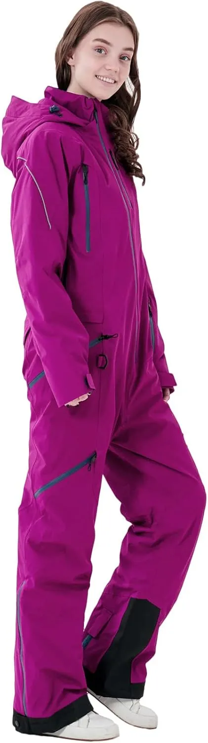 Women's One Piece Ski Suits Windproof Jumpsuit Waterproof Warm Breathable Detachable Hood Snowsuit For Snow Sports