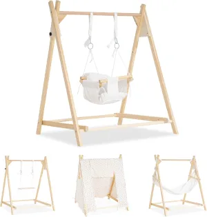 Wooden Baby and Toddler Swing with Stand, Seat Belt & Padded Pillow, Hammock and Tent,Foldable Baby Swing for Toddlers & Kids