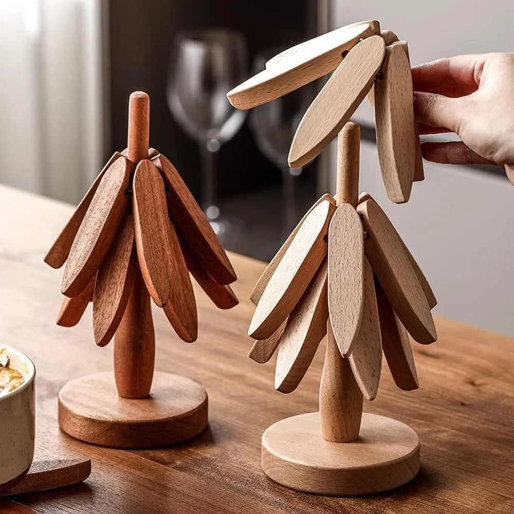 Wooden Trivets - Tree-Shaped Collapsible Hot Pad Set of 4 for Dishes, Pots, Bowls, Teapots, Hot Pots
