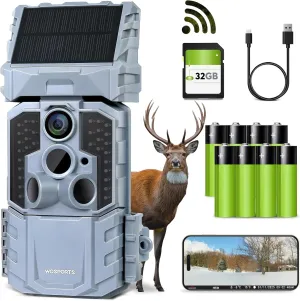 WOSPORTS 48MP WiFi Trail Camera with 7800mAh Rechargeable Solar Panel,Real 2K MP4 Video Sound,Cell Phone App,0.1s Bluetooth Game Camera with Night Vision Motion Activated IP66 Waterproof for Wildlife